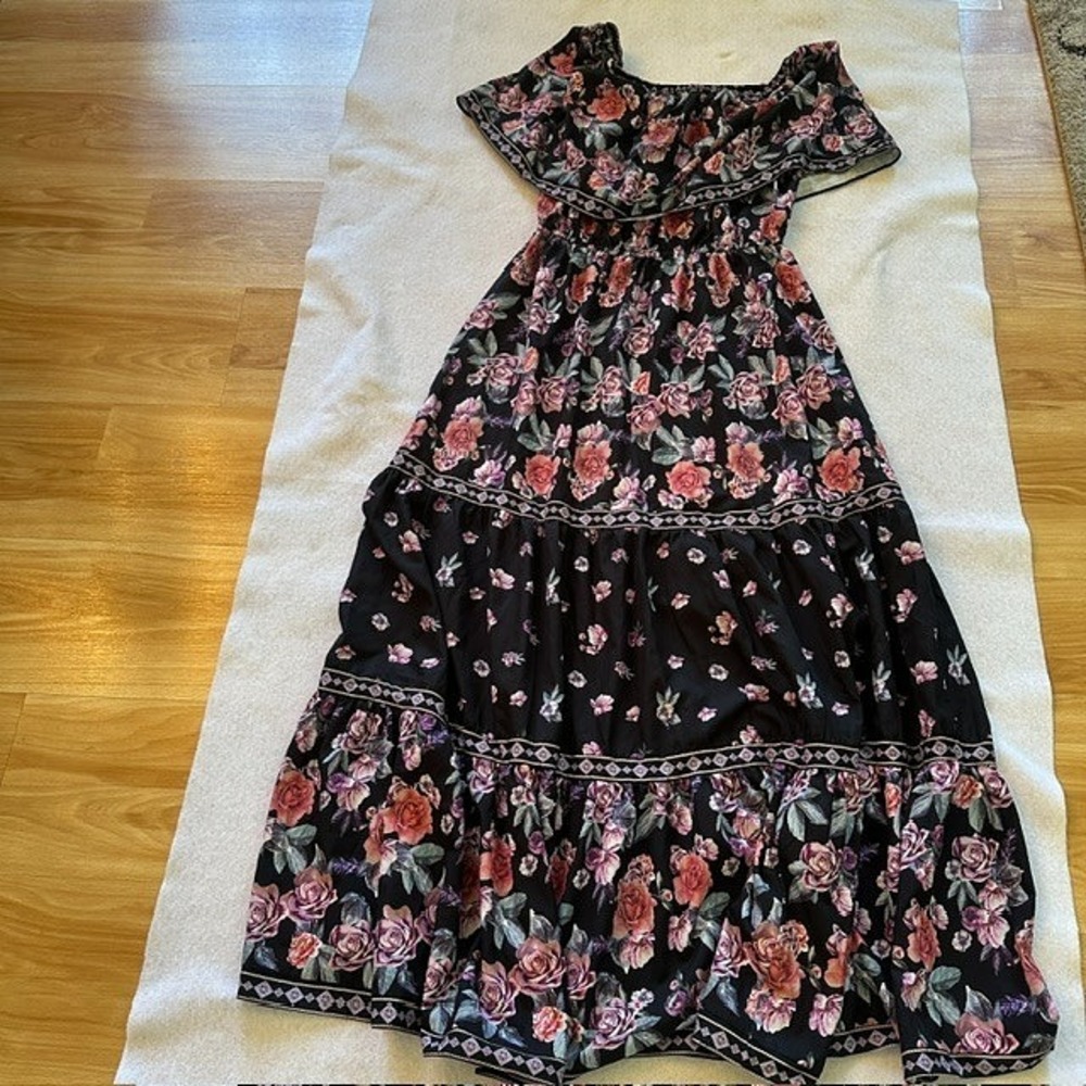 Sheilay Off Shoulder Floral Maxi Dress Womens L Black Tiered Boho Cottagecore